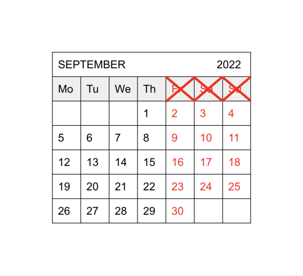 [The calendar for September 2022, under a four-day work week arrangement. Photo Credit: Hoseok Ahn]